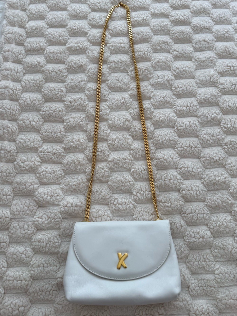 Paloma Picasso White Leather Crossbody Bag with Gold Chain Strap